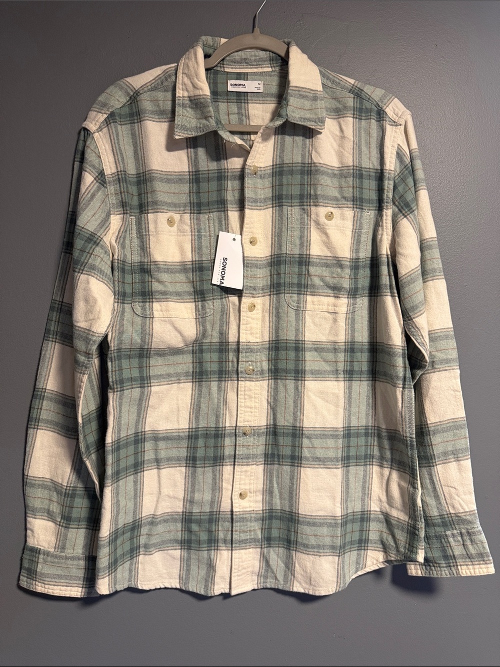 Sonoma Cream and Green Plaid Casual Button-Down Shirt